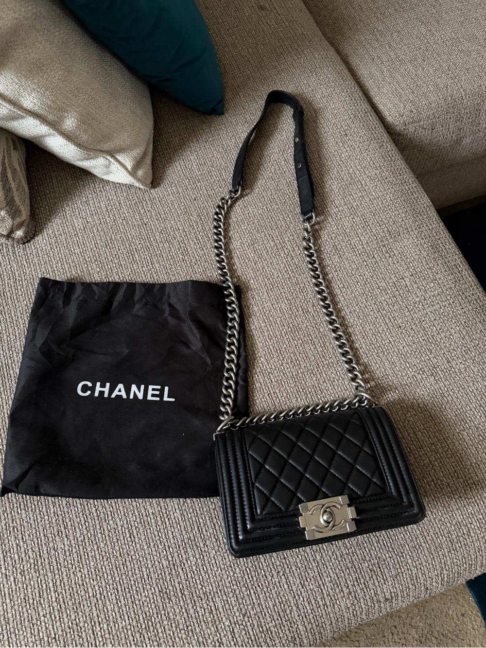 CC Black Quilted Leather Boy Bag with Silver Hardware